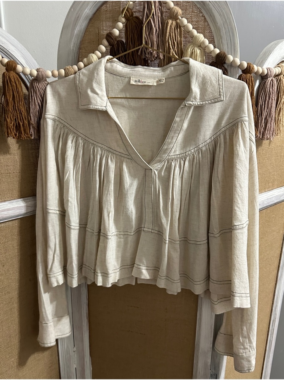 Millibon Cream V-Neck Gathered Peasant Tunic